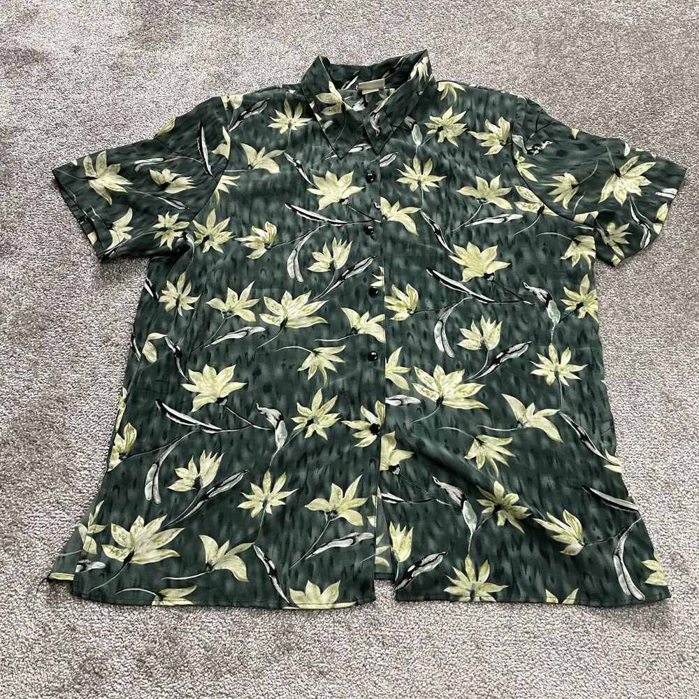 Modern Essentials Button Up Blouse Shirt Womens Plus 2X Green Floral Padded